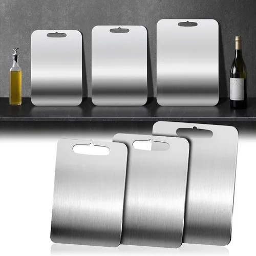 Vista 9 de URMONA 3 tablas de cortar de acero inoxidable 304 para cocina, tabla de cortar carne, alisar bordes, acero inoxidable de grado alimenticio, fácil