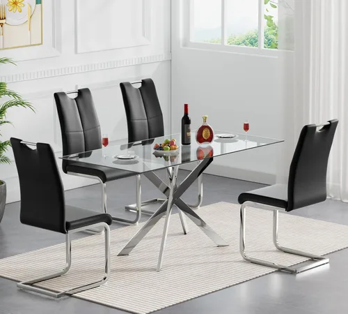 Vista 16 de Henf Juego de mesa de comedor de 5 piezas para 4, mesa de comedor rectangular de 51 pulgadas y 4 sillas de comedor de poliuretano gris carbón, mesa