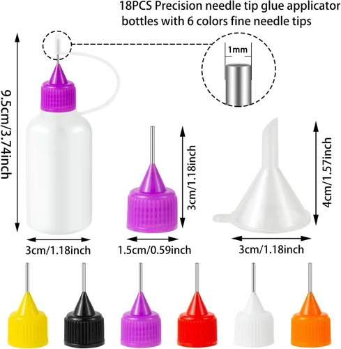 Vista 4 de 18 piezas de botellas aplicadoras de pegamento de punta de aguja de precisión, 6 colores de 30 ml/1 oz botella de compresión de punta de aguja fina