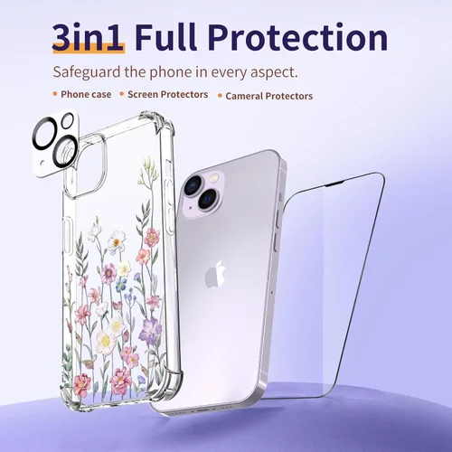 Vista 5 de Funda para iPhone 14, [3 en 1] con protector de pantalla y protector de lente de cámara, diseño de patrón de flores, transparente, suave, a prueba