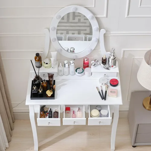 Vista 8 de okcomuy Mesa de tocador de maquillaje con espejo iluminado, tocador compacto con 5 cajones grandes para mujeres y niñas (blanco)