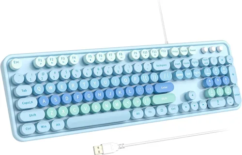 Vista 14 de Atelus Teclado USB con cable con retroiluminación de 7 colores, teclado de tamaño completo con teclas retro, teclado numérico y tecla de acceso