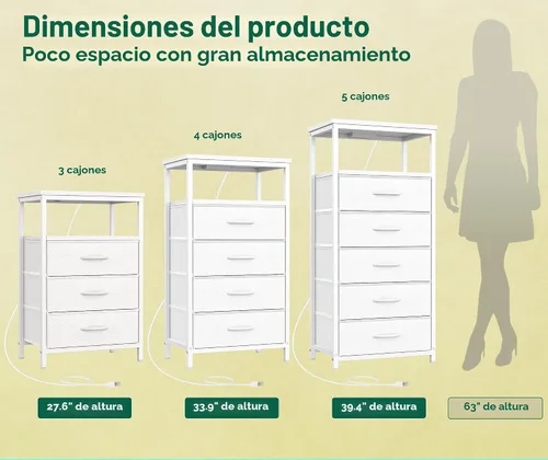 Vista 5 de Huuger Cómoda blanca con 5 cajones y estación de carga, cómoda alta Blanco