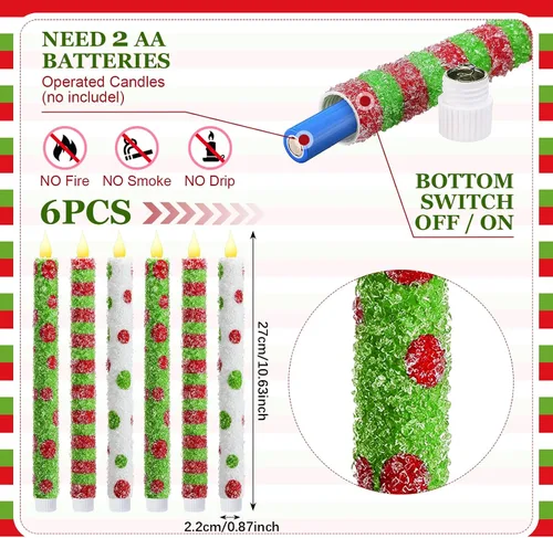 Vista 2 de Baquler 6 velas cónicas sin llama de Navidad de 10.6 pulgadas con temática de elfo, velas LED de Navidad que funcionan con pilas, candelabros