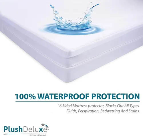 Vista 5 de Funda de colchón PlushDeluxe Premium 100% impermeable, hipoalergénica, sin vinilo, superficie de algodón con bucles suave y transpirable.