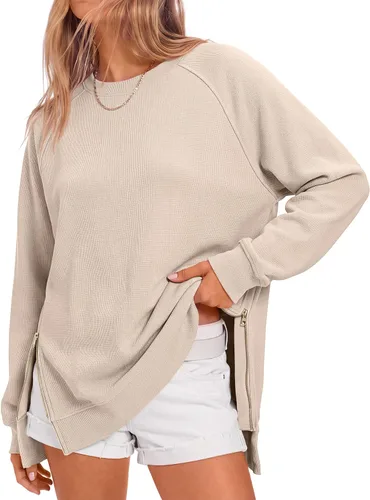 Vista 14 de ANRABESS - Sudadera de gran tamaño para mujer, cuello redondo, manga larga, tipo túnica, con cremallera lateral, sudadera con capucha, suéter