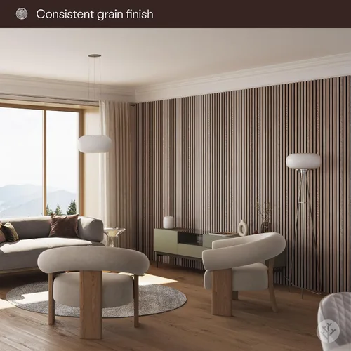Vista 4 de Bark & Bole Oak - Paneles acústicos de chapa de madera texturizada 3D para pared y techo, solución decorativa que absorbe el sonido para hogares
