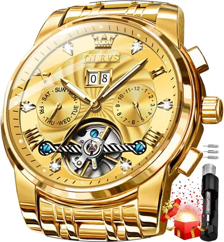 Vista 31 de OLEVS Relojes automáticos para hombre, oro de lujo, vestido de diamantes de cuerda automática, esqueleto mecánico, Tourbillon, reloj de pulsera