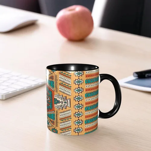 Vista 8 de Taza de café grande de cerámica, taza única tribal, patrón de tribu secreta azteca india, bohemio, 11 onzas, para oficina y hogar, naranja y verde
