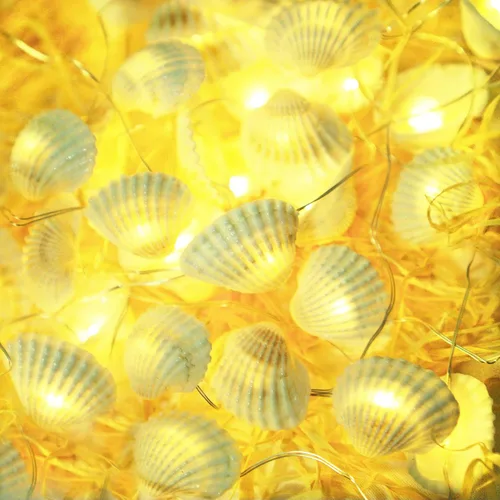 Vista 4 de Conchas marinas naturales, guirnalda de luces de 40 LED, decoración de playa, USB, con 8 modos, control remoto, impermeables, luces de hadas