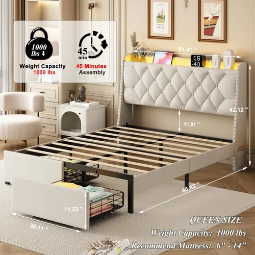Vista 2 de Base de cama tamaño queen con cabecera de almacenamiento y 2 cajones, base de cama tapizada con botones capitoné, luces LED y estación de carga,