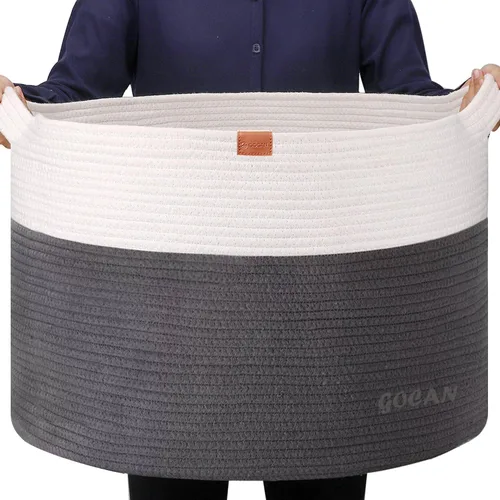 Vista 8 de GOCAN Cesta de almacenamiento extragrande para lavandería, 22 x 22 x 14 pulgadas, cesta tejida de cuerda de algodón para manta con asas para sala