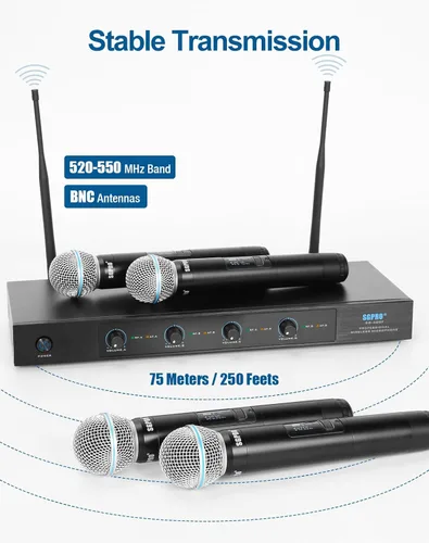 Vista 2 de SGPRO SG-400F Sistema de micrófono inalámbrico de frecuencia fija de 4 canales Alcance de 250 pies, micrófonos y receptor de metal, micrófonos
