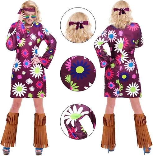 Vista 4 de Jenaai Conjunto de 8 piezas de disfraz hippie de los años 60 y 70 para mujer, signo de la paz, aretes, collar, vestido bohemio, diadema, calcetines