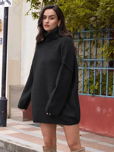 Vista 3 de LILLUSORY Suéter de punto de gran tamaño con cuello alto y manga larga para mujer