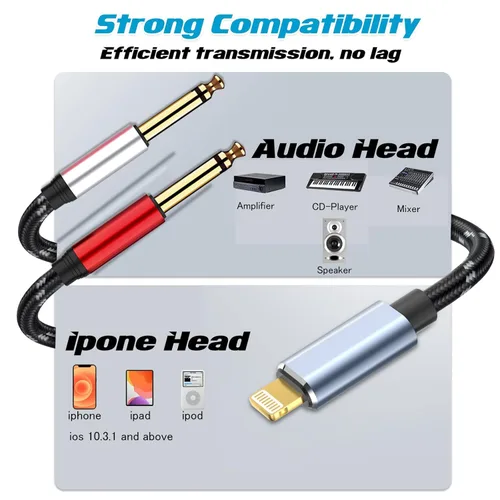 Vista 2 de Lightning a Dual 0.250 in 1/4" TS Mono Stereo Y-Cable Divisor Lightning a Cable de audio dual de 1/4 de pulgada compatible