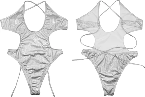 Vista 6 de Traje de baño sexy con tirantes cruzados metálicos brillantes para mujer, traje de baño holográfico sin espalda, traje de baño para festival rave