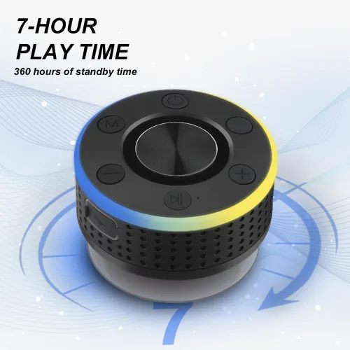 Vista 7 de Altavoz de ducha Bluetooth, altavoz portátil Bluetooth 5.3 con ventosa, altavoces inalámbricos impermeables IP7, luces RGB, micrófono integrado