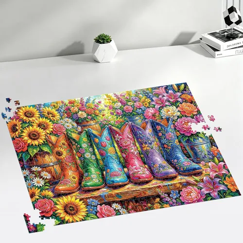 Vista 5 de Rompecabezas de 1000 piezas para adultos, rompecabezas de botas de flores coloridas, rompecabezas de jardín de botas florales de plantas