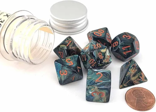 Vista 2 de Alpestris - Juego de dados lustrosos con números naranjas 7+1, 0.630 in (5/8 pulgadas), edición limitada de laboratorio