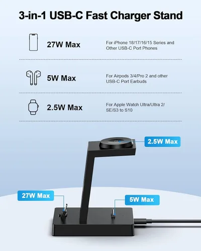 Vista 3 de Estación de carga rápida 3 en 1 de 30 W para dispositivos Apple, soporte de cargador USB C ADADPU para iPhone 17 16 15 Pro Max Plus y AirPods 4