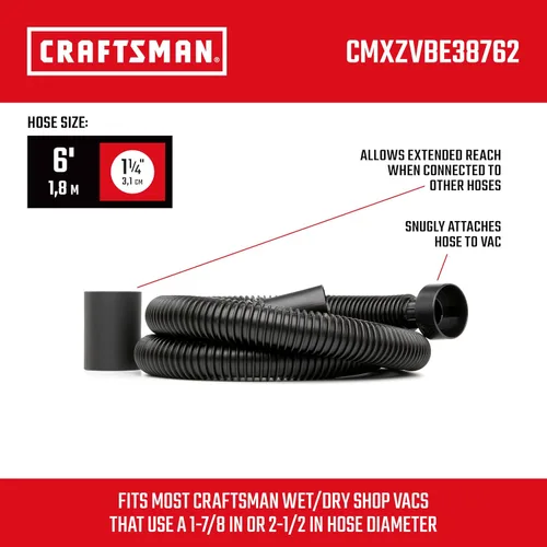 Vista 2 de CRAFTSMAN CMXZVBE38762 - Manguera de vacío húmeda y seca de 1-1/4 pulgadas x 6 pies Shop Vacuum Hose Attachment, Fits Most CRAFTSMAN Wet/Dry Vacs