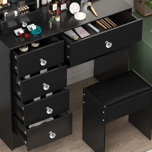 Vista 3 de Escritorio negro con espejo iluminado LED de 10 bombillas, mesa de tocador de maquillaje con asas de cristal, 6 cajones y taburete, tocador