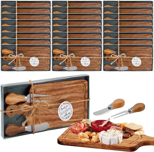 Vista 30 de Ziliny Tabla cuadrada de madera de queso con cuchillo y tenedor, con caja y etiqueta de agradecimiento, para San Valentín, despedida de soltera