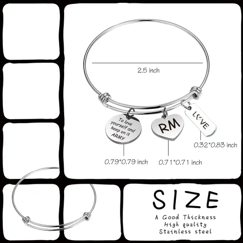 Vista 7 de LACAKU - Pulsera para niño, Kpop, BTS, Bangtan, dijes con textos en inglés, amarte a ti mismo, A.R.M.Y, regalo de joyería para niños, acero