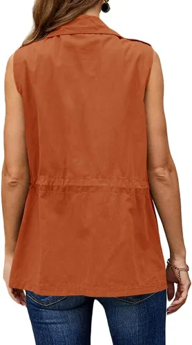 Vista 4 de Koodred - Chaleco militar casual para mujer, ligero, sin mangas, con cordón, con bolsillos