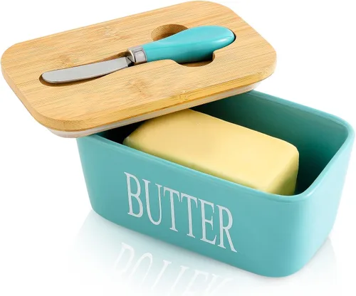 Vista 16 de Hasense Mantequillera de porcelana con tapa de bambú – Mantequera cubierta con cuchillo de mantequilla para encimera, recipiente hermético