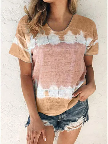 Vista 2 de Camiseta de talla grande, para mujer, casual, cuello redondo, manga cortalarga, con estampado de retazos, camisetas básicas