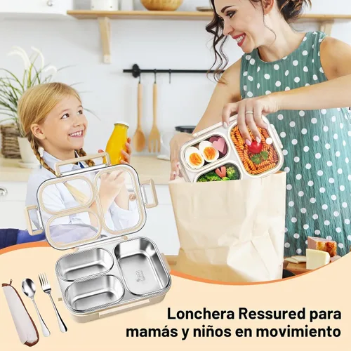 Vista 4 de Kit de lonchera de acero inoxidable 18/8 de 25 onzas (caja de bento + tenedor/cuchara), 3 compartimentos a prueba de fugas, caja de aperitivos