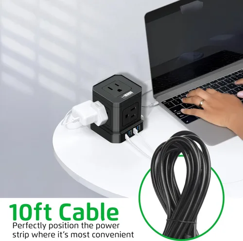 Vista 7 de Tiras de alimentación Cube con protección contra sobretensiones, cable de extensión de 10 pies con múltiples tomas, 5 enchufes de CA, 3 USB, 1
