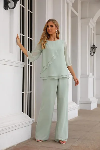 Vista 2 de Traje de 2 piezas de gasa de media manga para madre de la novia para invitada de boda
