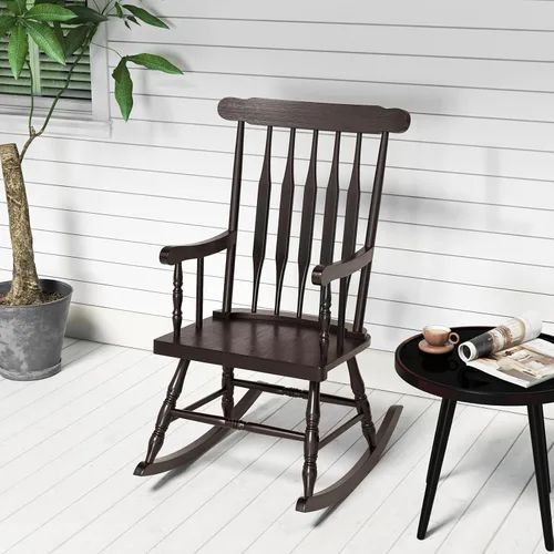 Vista 2 de Tangkula Silla mecedora de patio de madera de goma sólida, silla mecedora de porche exterior con marco de madera de goma, silla mecedora de madera