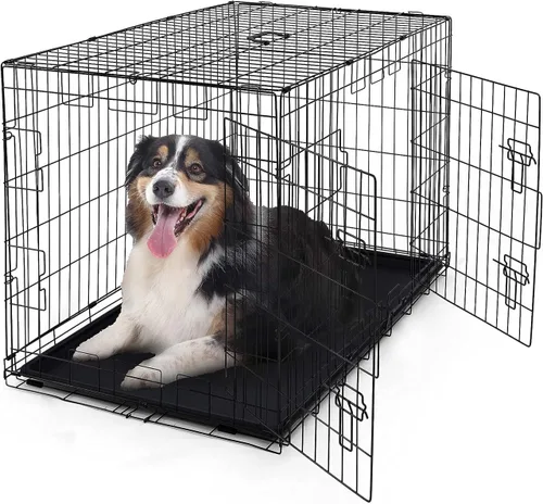 Vista 11 de CAPHAUS Perrera plegable de alambre de metal para perros con bandeja a prueba de fugas y patas protectoras y panel divisor, puerta individual