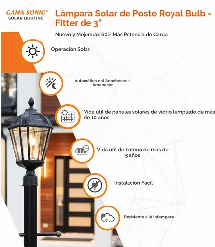Vista 5 de Gama Sonic Luz solar de poste para exteriores, aluminio negro, bombilla Royal, vidrio Rain Water, lámpara individual con adaptador de 3 pulgadas