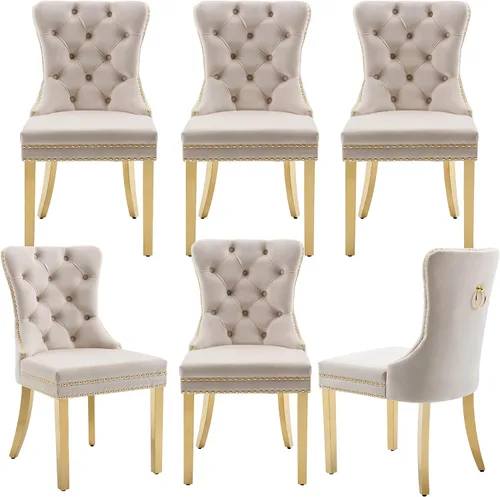 Vista 38 de Juego de 2 sillas de comedor de terciopelo beige, elegantes capitoné