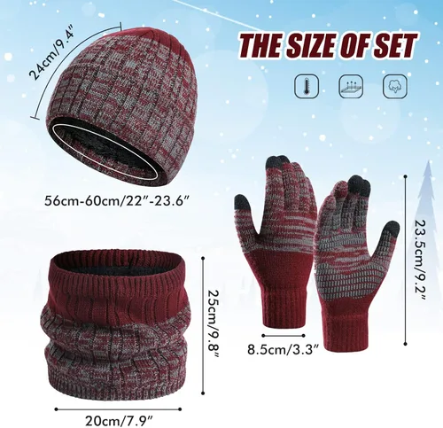 Vista 5 de RANOME Conjunto de guantes de bufanda de invierno para hombre 3 piezas gorros de punto guantes de cuello calentadores de cuello para mujer gorros