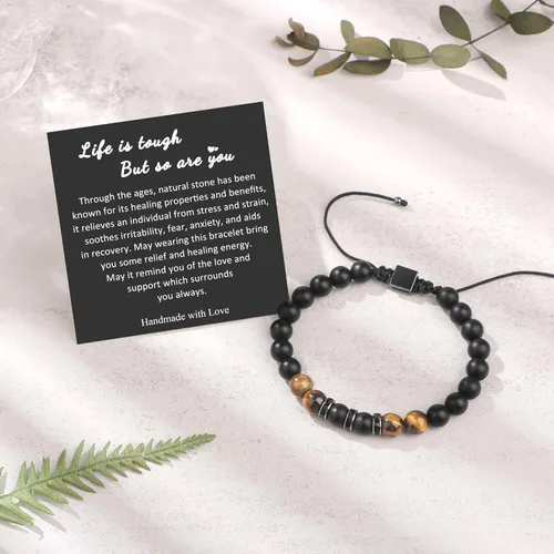 Vista 5 de JoycuFF Pulseras curativas de ojo de tigre para hombres, 0.315 pulgadas, piedra de ágata negra mate para padre, hermano, hijo, novio