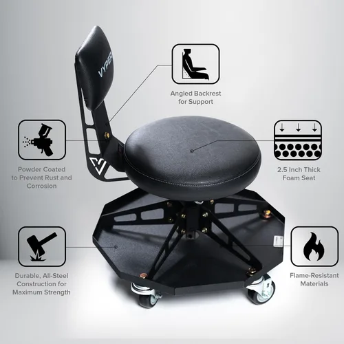 Vista 8 de Vyper - Silla de Taller de Acero Resistente para Mecánicos, Automotriz, Bricolaje - Taburete de Garaje con Capacidad de 300 lb, Respaldo y Ruedas