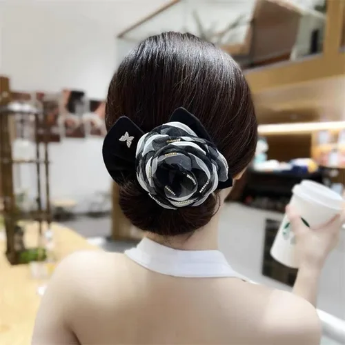 Vista 5 de YOYLMAL - 3 piezas para hacer moños de cabello para tornillo, moño flexible de flor de camelia grande, lazos para el cabello de torsión francesa