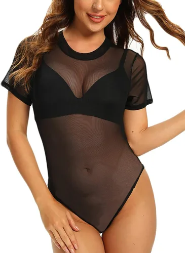 Vista 5 de MAYFASEY - Body ajustado de manga larga para mujer con malla transparente y sexy