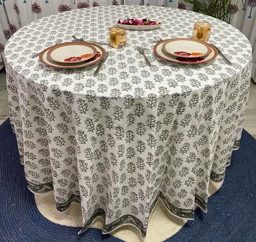 Vista 37 de Mantel redondo con estampado de bloque a mano, 100% algodón, reutilizable, turquesa, verde musgo, 90 pulgadas, mantel decorativo para uso diario