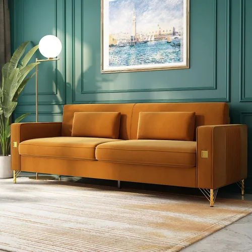 Vista 9 de Sofá Chesterfield de terciopelo de 85 pulgadas, moderno de mediados de siglo, cómodo sofá con almohadas para sala de estar, dormitorio, muebles