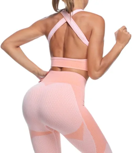 Vista 3 de Conjunto de 3 piezas de trajes de entrenamiento sin costuras para mujer, leggings deportivos de yoga y brasier deportivo elástico para fitness