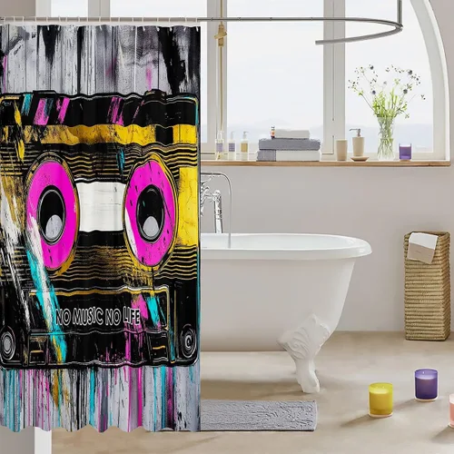 Vista 3 de Feelyou Cortina de ducha musical para decoración de baño, cinta de casete, cortina de baño de música, accesorios de baño, tela de poliéster