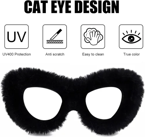 Vista 3 de GUVIVI Women Plush Fuzzy Cat Eye Sunglasses Furry Punk Soft Velvet Shades Rave Party Glasses Masquerade Eyewear