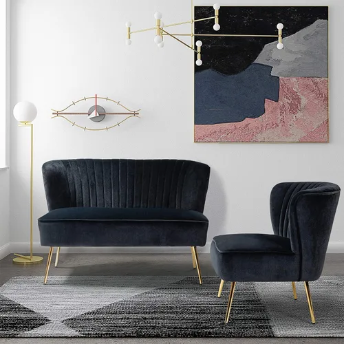 Vista 5 de TINA'S HOME Sofá biplaza contemporáneo de terciopelo, sofá biplaza tapizado con patas de metal dorado, pequeño sofá copetudo de 2 asientos sin